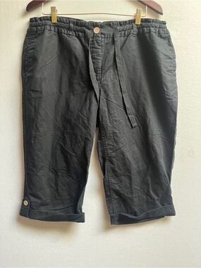 Lands' End Black Linen Cotton Blend Casual Drawstring Capri Pants 16W